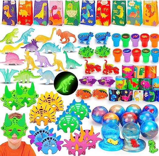 Photo 1 of 148 Pcs Dinosaur Party Favors for Kids, Easter Dinosaur Eggs Birthday Supplies with Dinosaur Bubble Wand, Eggs, Luminous Figures, Stampers, Gifts Bags, Slap Bracelets, Rubber Rings, Tattoos, Stickers