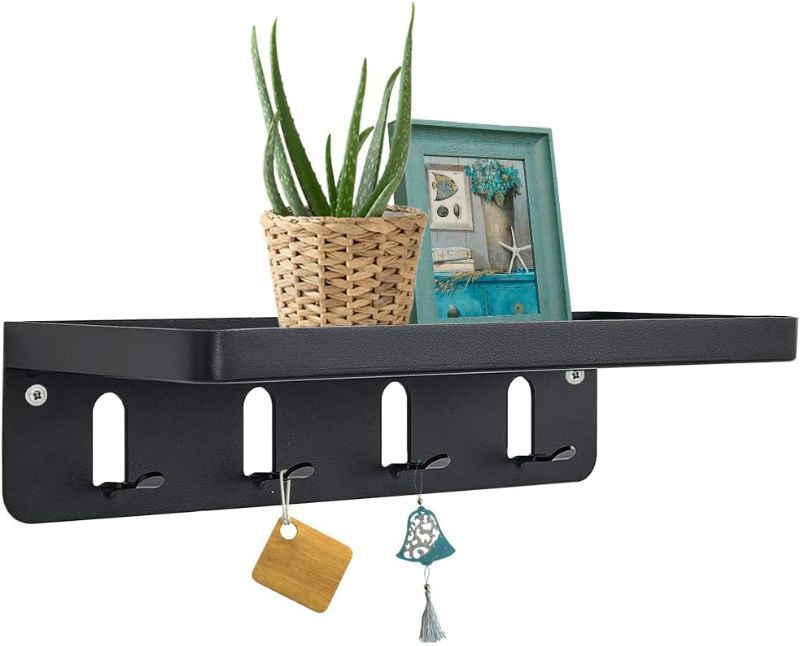 Photo 1 of  Key Holder for Wall Decorative with Tray and 4 Hooks, Mail Organizer and Stainless Steel Metal Key Rack with Tray for Entryway Hallway Kitchen Farmhouse Decor (Black/Small)