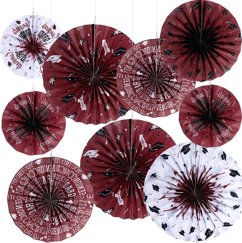 Photo 2 of 2PACK 9 Pcs Graduation Party Decorations Congrats Grad Hanging Paper Fans Class of 2023 Classroom Decorations Paper Fans Burgundy Background Wall Fans for Garland Ceilings Graduation Party (Maroon) 
