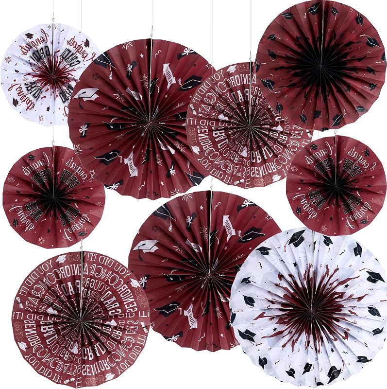 Photo 2 of 2 PACK 9 Pcs Graduation Party Decorations Congrats Grad Hanging Paper Fans Class of 2023 Classroom Decorations Paper Fans Burgundy Background Wall Fans for Garland Ceilings Graduation Party (Maroon)