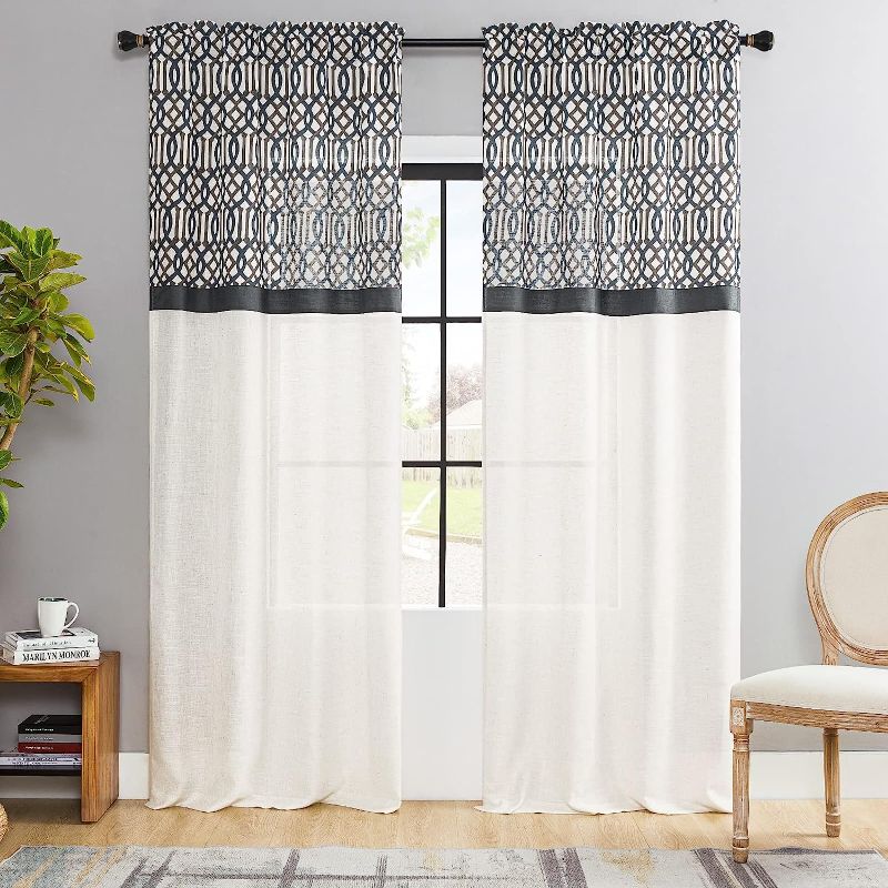 Photo 1 of  Semi Sheer Curtains 84 inch Long, 2 Panels Basic Rod Pocket Set Delicate Splicing Floral Printed Window Drape for Bedroom / Living Room,Navy