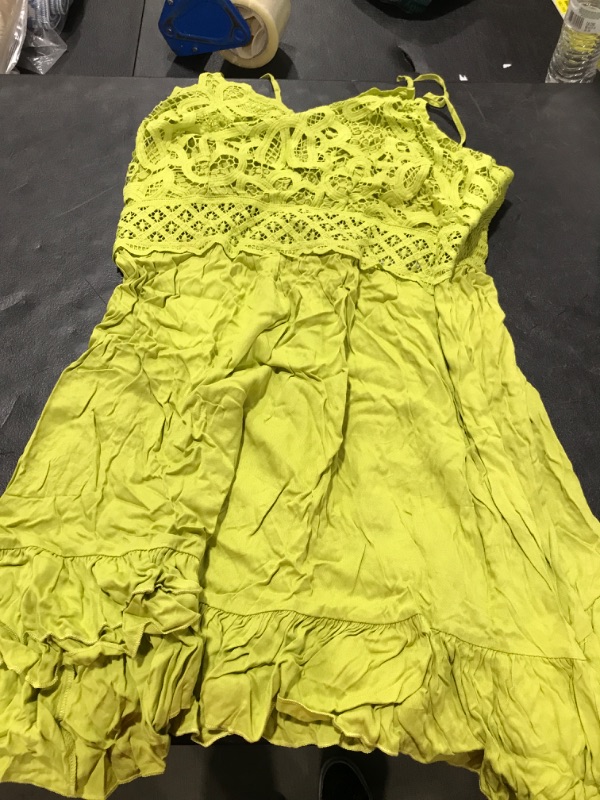 Photo 2 of X-Large   Women's Sexy Spaghetti Strap Mini Dress Skater Dresses Summer Teens Asymmetric Ruffle Hem Short Lace Dress 2023  Pale Green