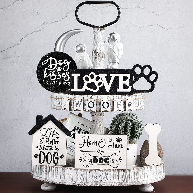 Photo 1 of 12 Pcs Dog Cat Tiered Tray Decor Set Wooden Dog Cat Tray Decor Rustic Farmhouse Paw Bone Farm Decorations Mini Wood Signs for Kitchen Home Table Housewarming Gift (Stylish Style)
