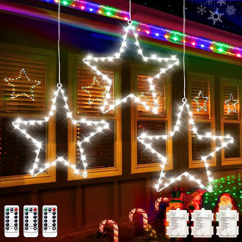 Photo 1 of Christmas Window Lights 3 Pack Battery Operated LED Star Light 8 Modes Timer Fairy Hanging Light, Outdoor Waterproof Decor for Home Xmas Porch Holiday Party Indoor Fireplace Decoration (Cool White)
