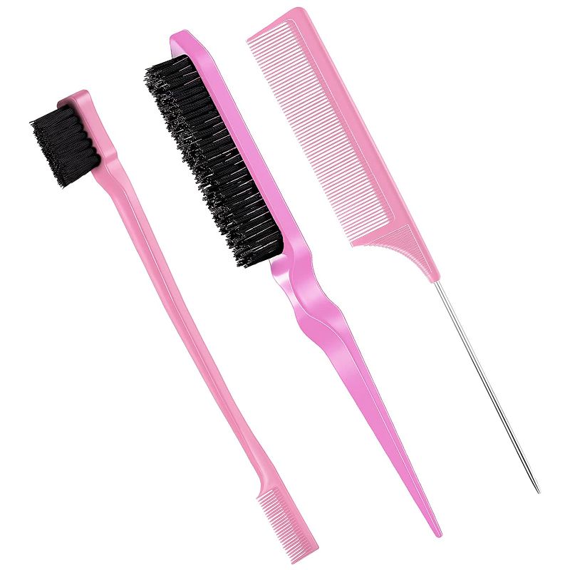 Photo 1 of 3 Pcs Slick Back Hair Brush Set Bristle Hair Brush Edge Control Brush Teasing Comb for Women Baby Kids' Black Hair (Light Pink, Plastic)
