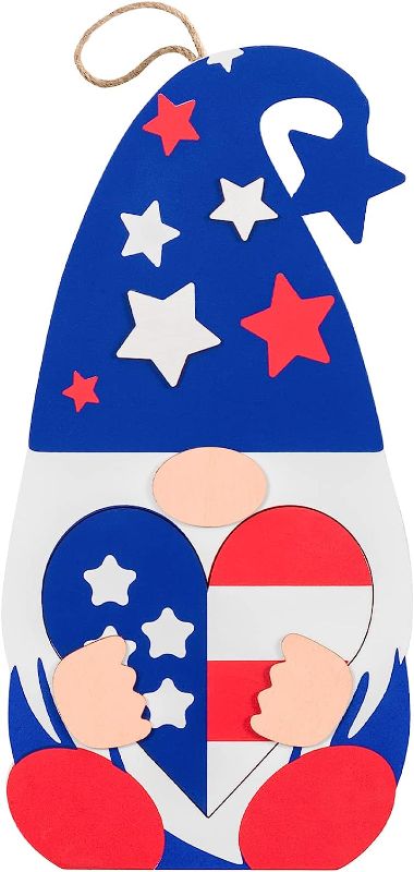 Photo 1 of 2PK - 4th of July Decorations for Home, DECSPAS Blue Gnomes Wooden Sign Memorial Day Decor, Heart White Red Stars Stripes Ornaments Patriotic Decor, Adorable Fourth of July Decor for Front Door, Porch 