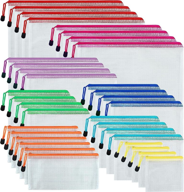 Photo 1 of 34pcs Mesh Zipper Pouch Set?8 Sizes Waterproof Plastic Document Pouch,8 Colors,Resistant Document File Folders with Label Sticker for File, Makeup, Board Game School Office Home Travel Storage 