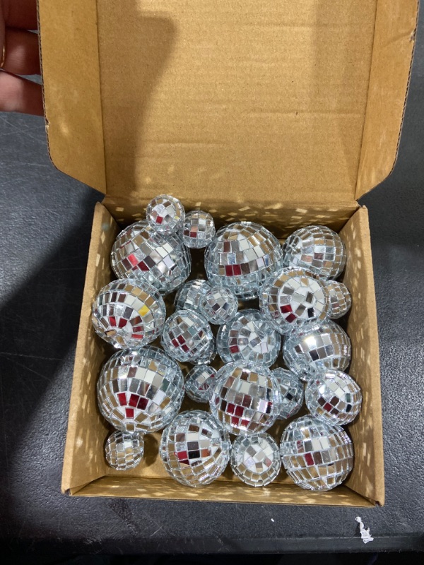 Photo 2 of 27 PCS Disco Ball Cake Decoration Ornaments Reflective Mirror Ball Cake Decoration 70s Disco Themed Party Decoration Silver Disco Table Decoration for Christmas Tree Dance Music