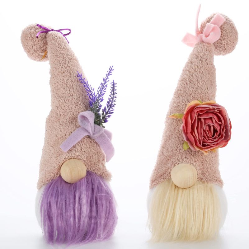 Photo 1 of 2Pcs Purple Pink Gnomes Plush Decorations, Spring Summer Lavender Flower Knome leprechaun Nordic Dwarf with Greenery Tomte Doll Gnome for Women Friend Family Garden Mantle Fireplace Indoor Home Decor Purple and Pink Gnomes