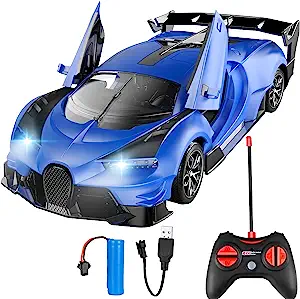 Photo 1 of Cusocue Remote Control Car, 1/18 Hobby RC Car Toy, Electric Sport Racing Car with LED Lights Radio Remote Control, Rechargeable Toys for Boys Girls Kids Adults Birthday Xmas Gifts (Blue)