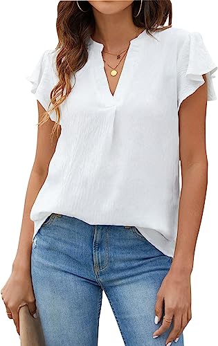 Photo 1 of Blooming Jelly Womens White Blouse V Neck Ruffle Sleeve Flowy Shirts Dressy Casual Cute Summer Tops SIZE S