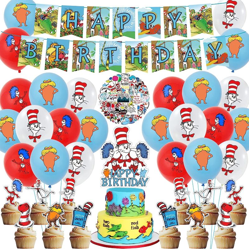 Photo 1 of 108Pcs Dr. Birthday Party Decoration Party Supplies Cat in the Hat Theme Party Include Happy Birthday Banner, Cake Decoration, Stickers, Latex Balloons for Kids Birthday Party 