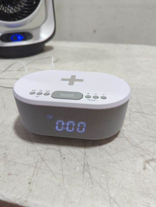 Photo 2 of Bedside Radio Alarm Clock with USB Charger, Bluetooth Speaker, QI Wireless Charging, Dual Alarm Dimmable LED Display (White)