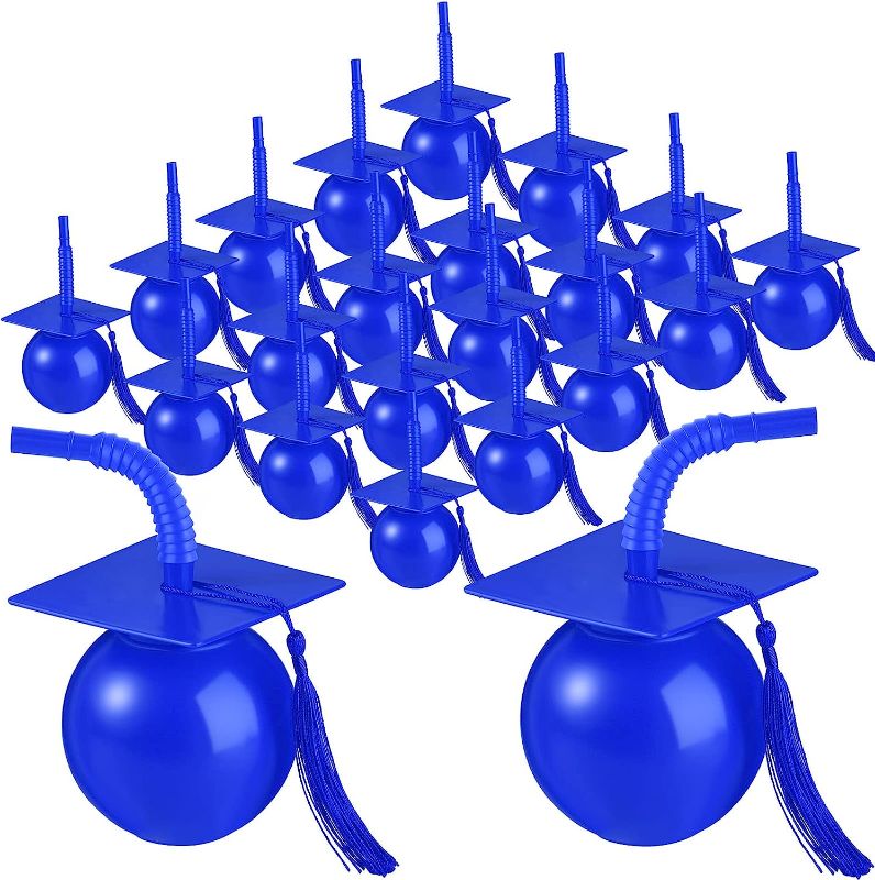 Photo 1 of 24 Set Graduation Cap Party Cups for Party with Tassels Straws and Lids, 10 oz Reusable Hard Plastic Cups for Grad Party Graduation Gifts Bulk for Class of 2023 Graduation Party Favor Supplies (Blue) 