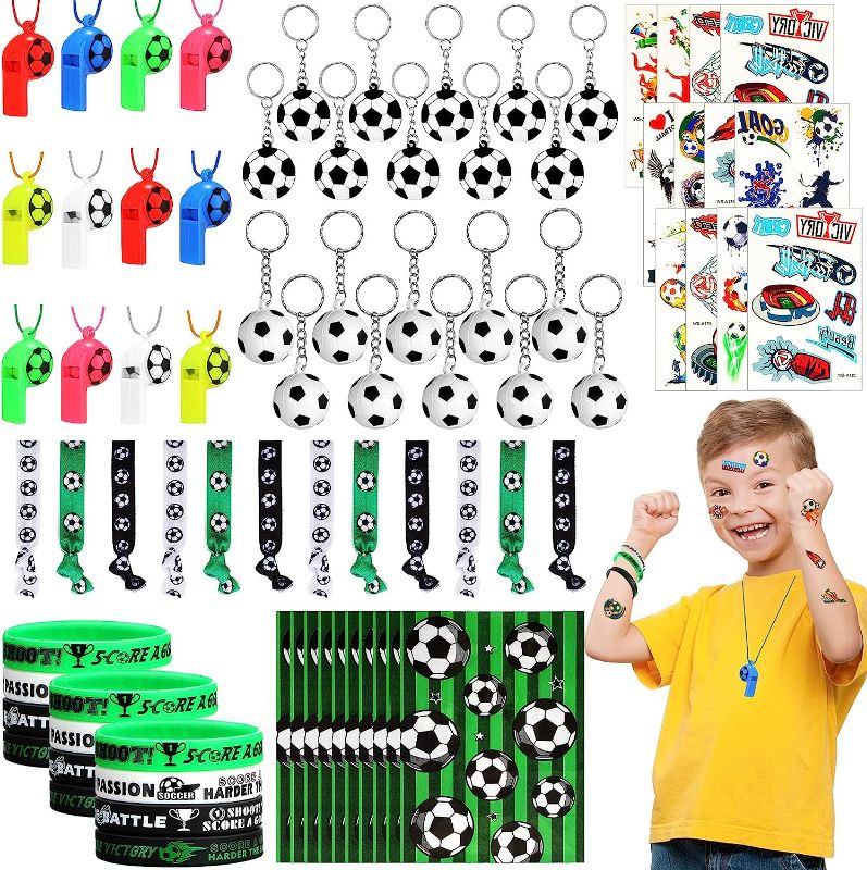 Photo 1 of 90 Pcs Soccer Party Favors Set Including 12 Soccer Toy Whistle 12 Soccer Spinner 12 Motivational Silicone Bracelet 24 Soccer Keychains 10 Sheets Stickers 12 Soccer Hair Ties 10 Soccer Gift Bags
