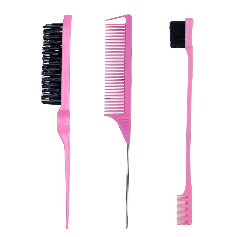 Photo 1 of 3 Pieces Hair Styling Comb Set Teasing Hair Brush Rat Tail Comb Edge Brush for Edge&Back Brushing, Combing, Slicking Hair for Women (Pink)
