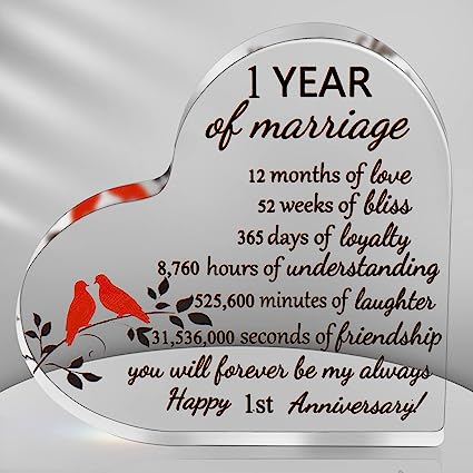 Photo 1 of 1th Wedding Gift Marriage Keepsake Heart Shaped Acrylic Romantic Desk Decorations and Supply for Parents Couple Friends Husband Wife (1 Year)