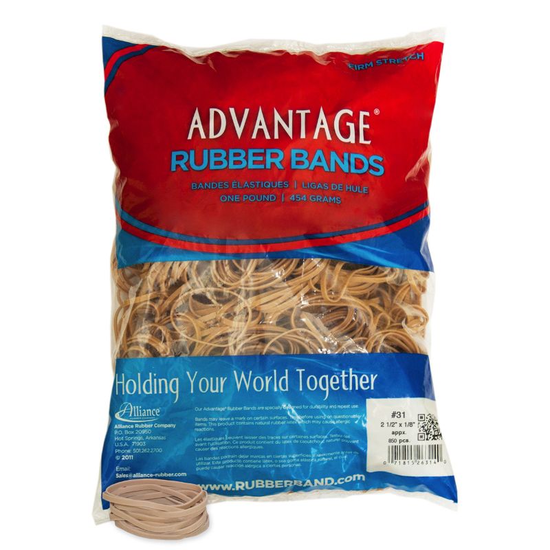 Photo 1 of Alliance Rubber 26314 Advantage Rubber Bands Size #31, 1 lb Bag Contains Approx. 850 Bands (2 1/2" x 1/8", Natural Crepe) Beige 1 Pound 2 1/2 x 1/8 Inches Rubber Bands