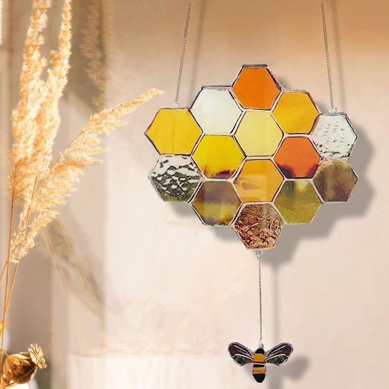 Photo 1 of DiuDiuLYU Sun Catchers Stained Glass Window Hanging Bee Hneycomb Suncatcher for Window Home Indoor Outdoor Decoration Ornaments Honeybee Gifts for Beelovers Mothers Teacheres (Orange)
