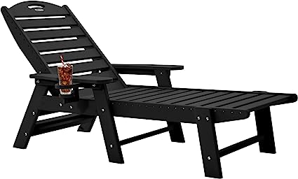 Photo 1 of Chaise Lounge for Outdoor, Patio Lounge Chairs for Outside, Chaise Lounge Chair with 6 Positions, HDPE Lounge Chair with Cup Holder for Pool Poolside Deck Backyard Lawn, Black

