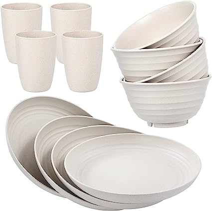 Photo 1 of 12pcs Wheat Straw Dinnerware Sets Microwave Safe Lightweight Bowls, Cups, Plates Set-Reusable, Dishwasher Safe