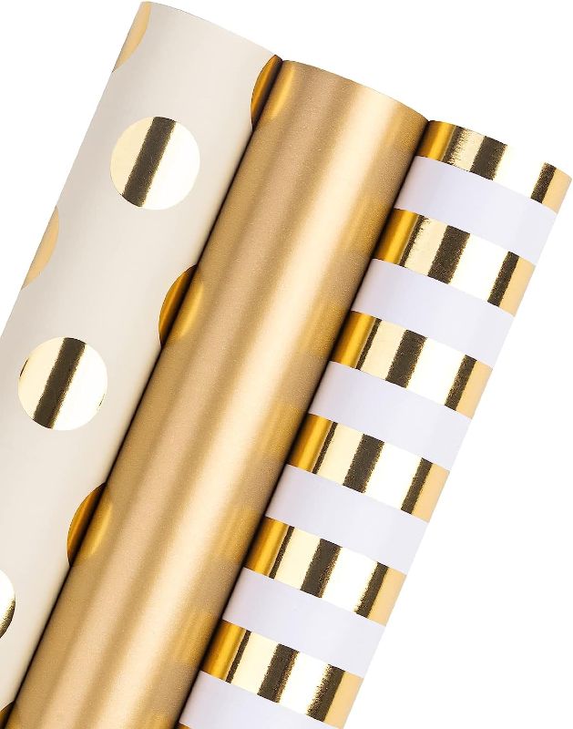 Photo 1 of WRAPAHOLIC Wrapping Paper Roll - Mini Roll - 3 Rolls - 17 Inch X 120 Inch Per Roll - Gold Foil Stripe/Polka Dot/Solid Gold Design for Wedding, Holiday, Party, Baby Shower
