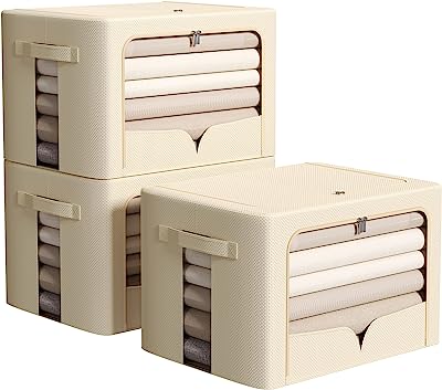 Photo 1 of 3 Pack Clothes Storage Organizer Bins - Foldable Metal Frame Storage Bins Stackable Oxford Cloth Fabric Container Organizer Set with Carrying Handles and Clear Window (Extra Large-100L, Beige)