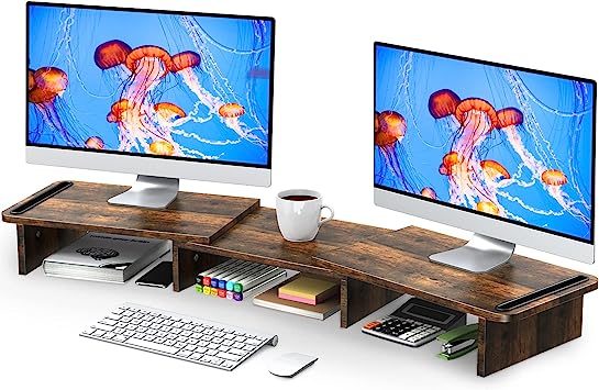 Photo 1 of Zimilar Dual Monitor Stand Riser, Monitor Stand with Adjustable Length and Angle, Wood Monitor Stand for Desk, Monitor Riser for 2 Monitors with Storage Space (Rust Brown Large)
