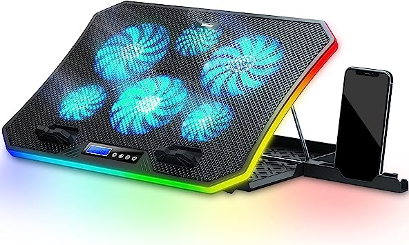 Photo 1 of TopMate C12 Laptop Cooling Pad RGB Gaming Notebook Cooler for Desk and Lap Use, Laptop Fan Stand 8 Adjustable Heights with 6 Quiet Fans and Phone Holder, for 15.6-17.3 Inch Laptops-Ice Blue LED Light