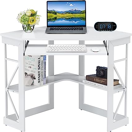 Photo 1 of VECELO Corner Computer Desk 41 x 30 inches with Smooth Keyboard & Storage Shelves for Home Office Workstation, White
