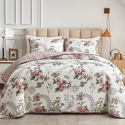 Photo 1 of 3 Pieces Quilt Set Full/Queen Size, Beige Floral Reversible Bedspread Coverlet Set, Soft Microfiber Lightweight Bed Cover for All Season (90" x 90", 1 Quilt+ 2 Pillow Shams)