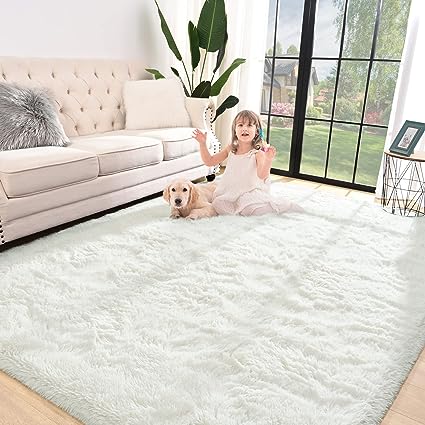 Photo 1 of Jelymark Super Soft Shaggy Rug for Bedroom, 4x5.9 Feet Fluffy Carpet for Living Room, Fuzzy Indoor Plush Area Rug for Home Decor, Furry Floor Rugs for Dorm, Kids Nursery Rug for Girls, Cream White
