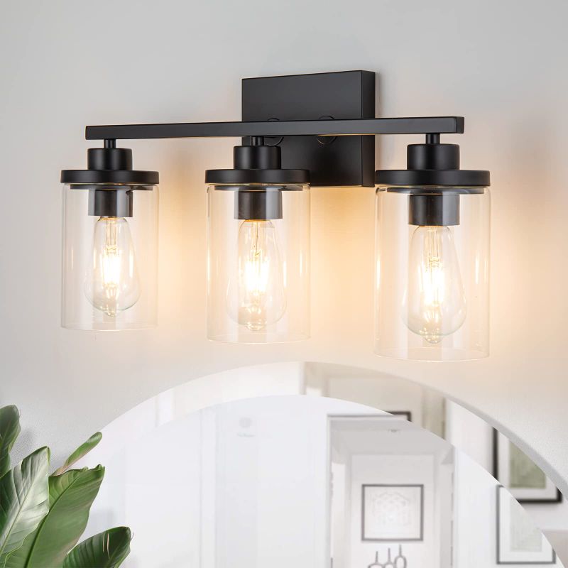 Photo 1 of 3 Light Bathroom Light Fixtures, Matte Black Bathroom Vanity Light with E26 Base and Clear Glass Shade, Modern Wall Sconce Bathroom Lights Over Mirror for Indoor, Bathroom, Vanity Table, Kitc