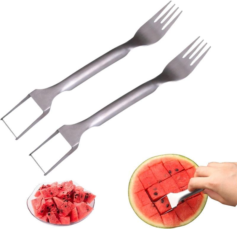 Photo 1 of 2PCS Watermelon Fork Slicer Cutter, Dual Head Stainless Steel Fruit Forks Slicer Knife for Family Parties Camping
