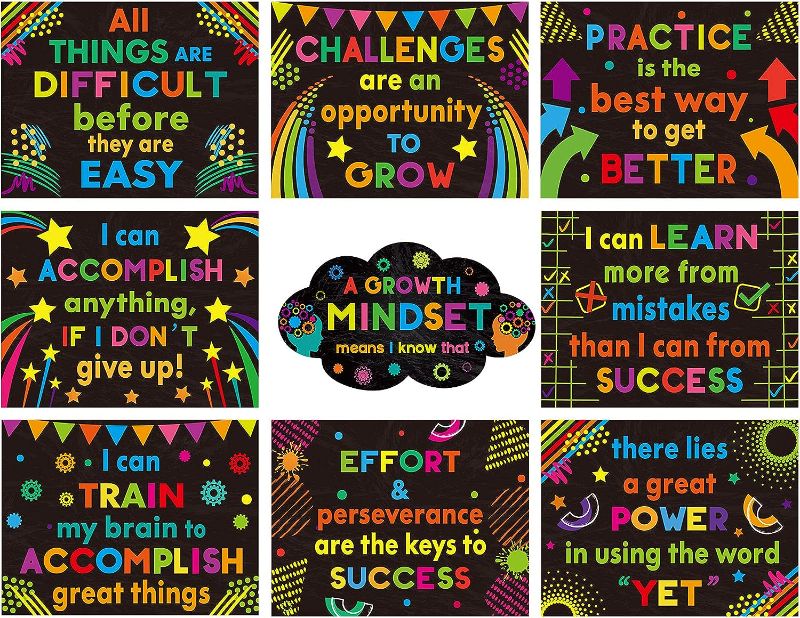 Photo 1 of 9 Pieces Growth Mindset Posters Inspirational Quote Classroom Poster Bulletin Board Poster Set Motivational Wall Banners Decorations for Teacher Student School Supplies
