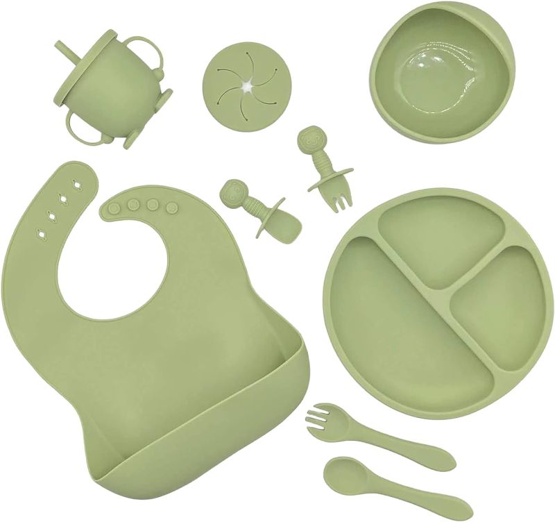 Photo 1 of Baby Silicone Feeding Set, First Stage Toddler Utensils - 8 in 1 - with Bib, Sippy Cup, Suction Bowl, Baby Fork and Spoon Sets, Divided Plate with Suction - Baby Led Weaning Supplies (Olive Green)
