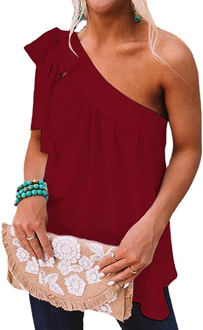 Photo 1 of  SIZE LARGE Guteidee Womens One Shoulder Tops Casual Tie Bow Knot Sleeveless Blouse Tunic Shirts
