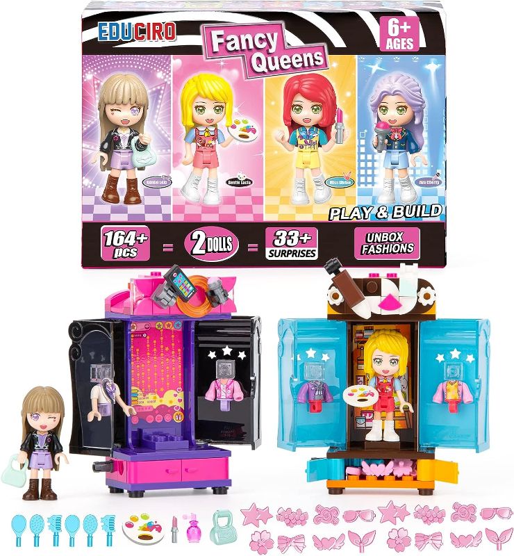 Photo 1 of EDUCIRO Surprise Fancy Queens Dress Up Dolls Toy Building Set (2 Pack) with 34 Surprises Wardrobe Accessories, Idol Singer and Painter Theme-Gift Toys for Girls Kids Ages 6+ Years Old
