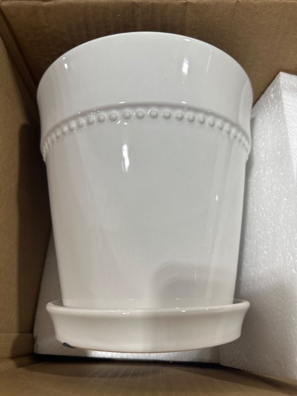 Photo 3 of 2 PACK Beaded Medium 8 in. x 8 in. 4 qt. White Ceramic Indoor Pot
