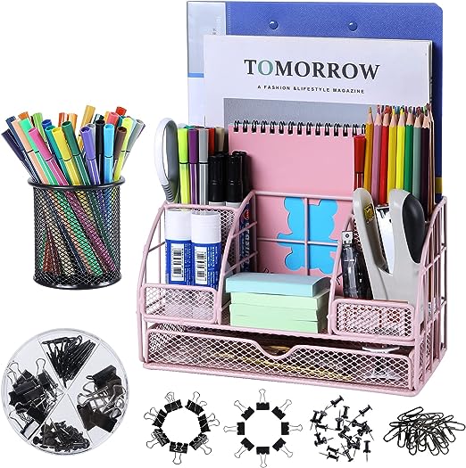 Photo 1 of Airsanto Desk Organizers and Accessories, Office Desk Organizer with 7 Compartments + Pen Holder + 72 Accessories, Mesh Desk Supplies Organizer with Drawer (Pink) 