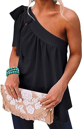 Photo 1 of Guteidee Womens One Shoulder Tops Casual Tie Bow Knot Sleeveless Blouse Tunic Shirts  SIZE L 