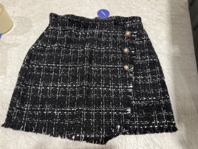 Photo 2 of  High Waist Plaid Pattern Raw Trim Single Breasted Tweed Skirt Size L 