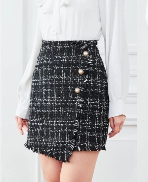 Photo 1 of  High Waist Plaid Pattern Raw Trim Single Breasted Tweed Skirt Size L 