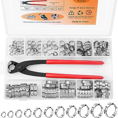 Photo 1 of 120PCS 11 Sizes Single Ear Hose Clamps 304 Stainless Steel, 6-33.1mm Stepless Cinch Rings Crimp Assortment Kit with Ear Clamp Pincer for Securing Pipe Hoses and Automotive Use By Hydencamm 