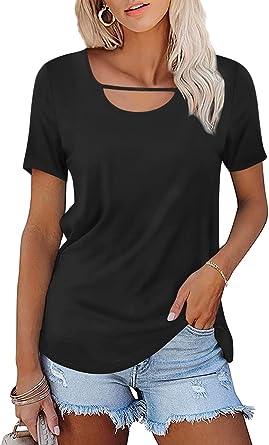 Photo 1 of Aodemo Women's Summer Casual Keyhole T-Shirt Cutout Choker Tops Petal Short Sleeve Tunic Loose Blouse Shirt - L