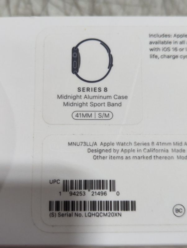 Photo 8 of "NEW FACTORY SEALED"
Apple Watch Series 8 [GPS 41 mm] Smartwatch w/Midnight Aluminum Case with Midnight Sport Band - S/M. Fitness Tracker, Blood Oxygen & ECG Apps, Always-On Retina Display, Water-Resistant 41 mm S/M - fits 130–180 mm wrists 41 mm Midnight