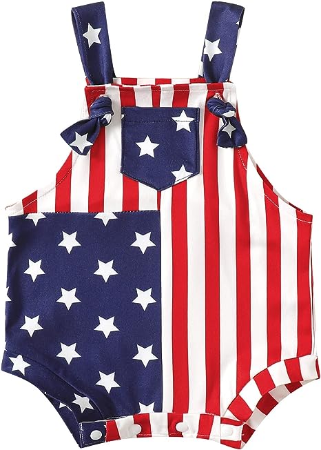 Photo 1 of Co.MMehjri Newborn Baby Boy Girl American Flag Overalls Adjustable Straps 4th of July Romper Infant Independence Day Outfits 12-18M