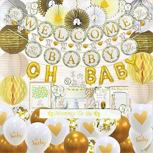 Photo 1 of 252 PC Elephant Theme Baby Shower Decorations for Boy or Girl Kit -Gender Neutral Welcome Baby Banners Garland Guestbook Sash Balloons Cake Topper Paper Decor Napkins Straws Games & Thank You Stickers