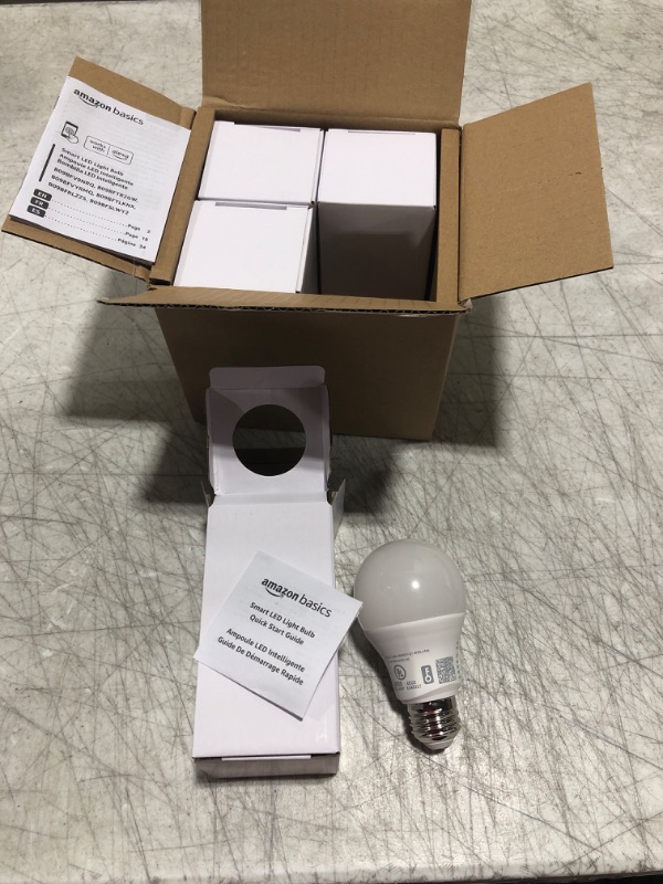 Photo 1 of Amazon Basics Smart A19 LED Light Bulb, Tunable White, 2.4 GHz Wi-Fi, 60W Equivalent 800LM, Works with Alexa Only, 4-Pack, Certified for Humans Tunable White 4 Pack