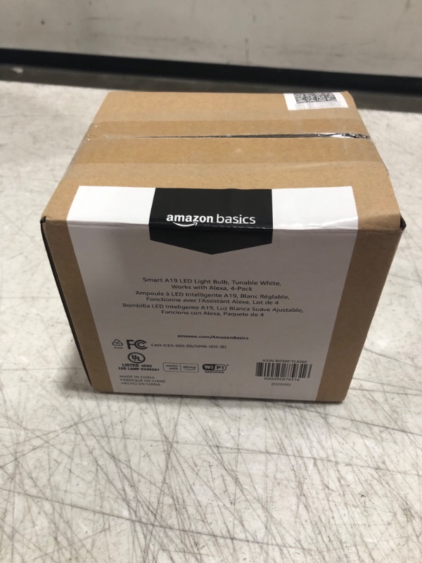 Photo 1 of Amazon Basics Smart A19 LED Light Bulb, Tunable White, 2.4 GHz Wi-Fi, 60W Equivalent 800LM, Works with Alexa Only, 4-Pack, Certified for Humans Tunable White 4 Pack